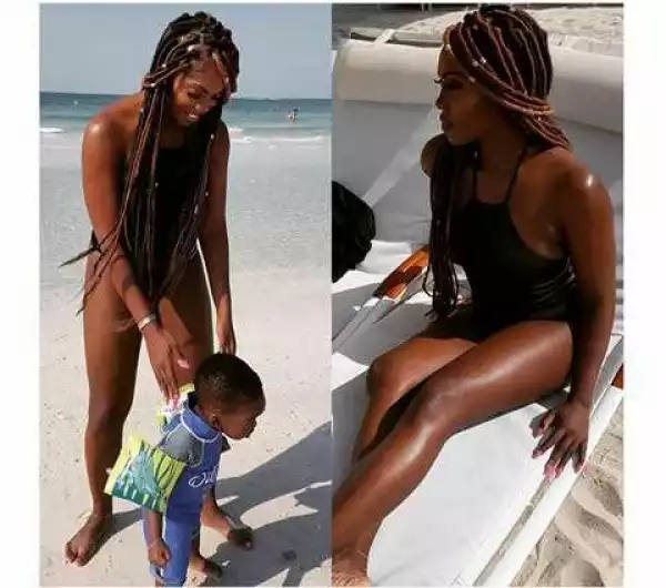 Tiwa Savage Puts Hot Bod On Display As She Hits The Beach With Her Son In Dubai (Photos)